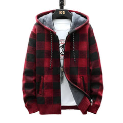 Men's Winter Hooded Plaid Wool Knit Cardigan LPO