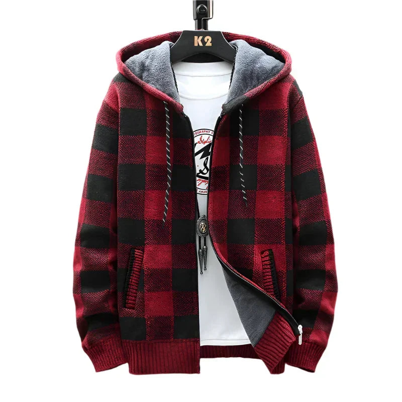 Men's Winter Hooded Plaid Wool Knit Cardigan LPO