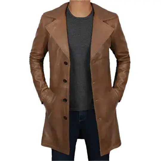 Men’s Distressed Brown Leather Winter Trench Coat Riders Republic UK